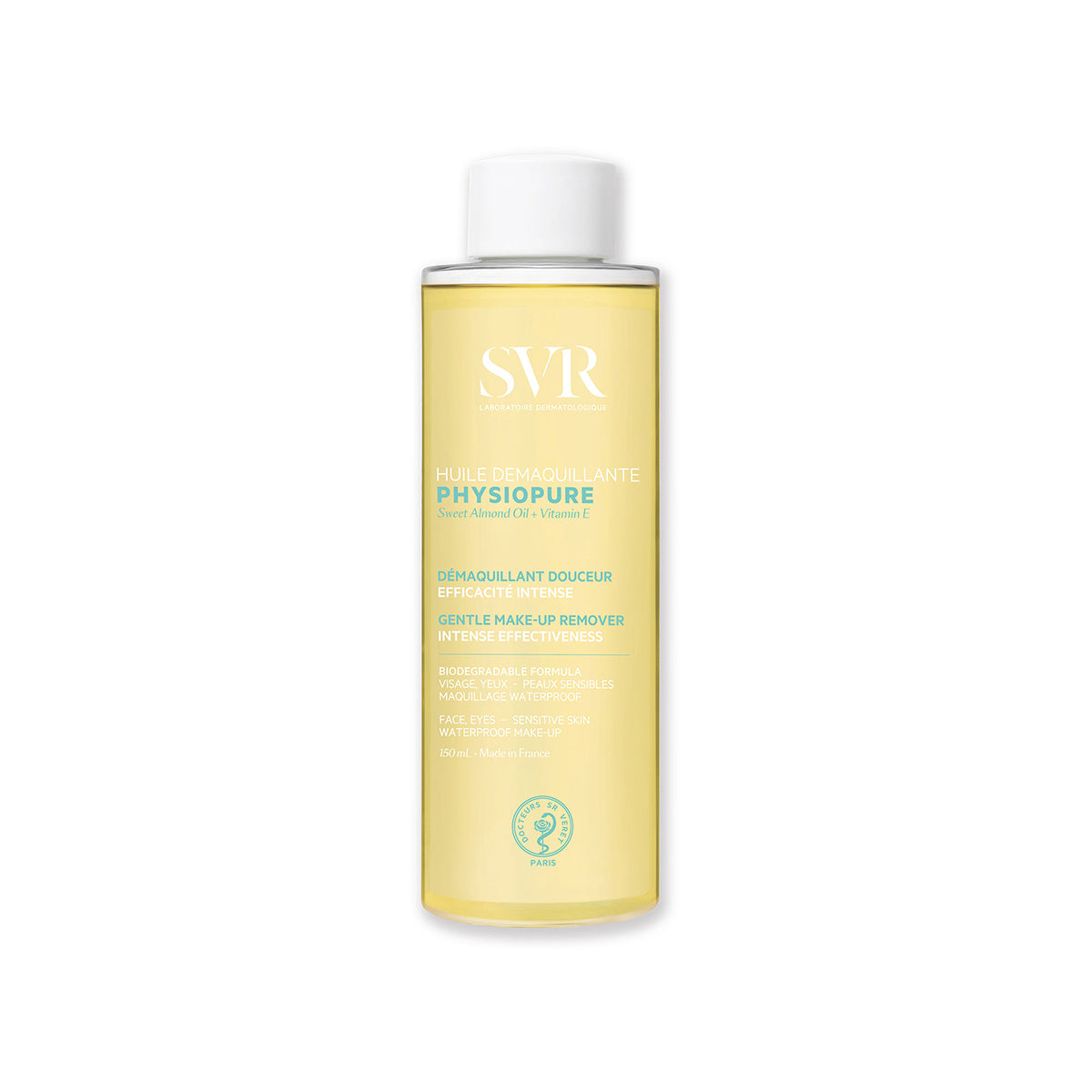 Flacone trasparente da 150ml di SVR Physiopure Huile Démaquillante con olio detergente giallo su sfondo bianco.