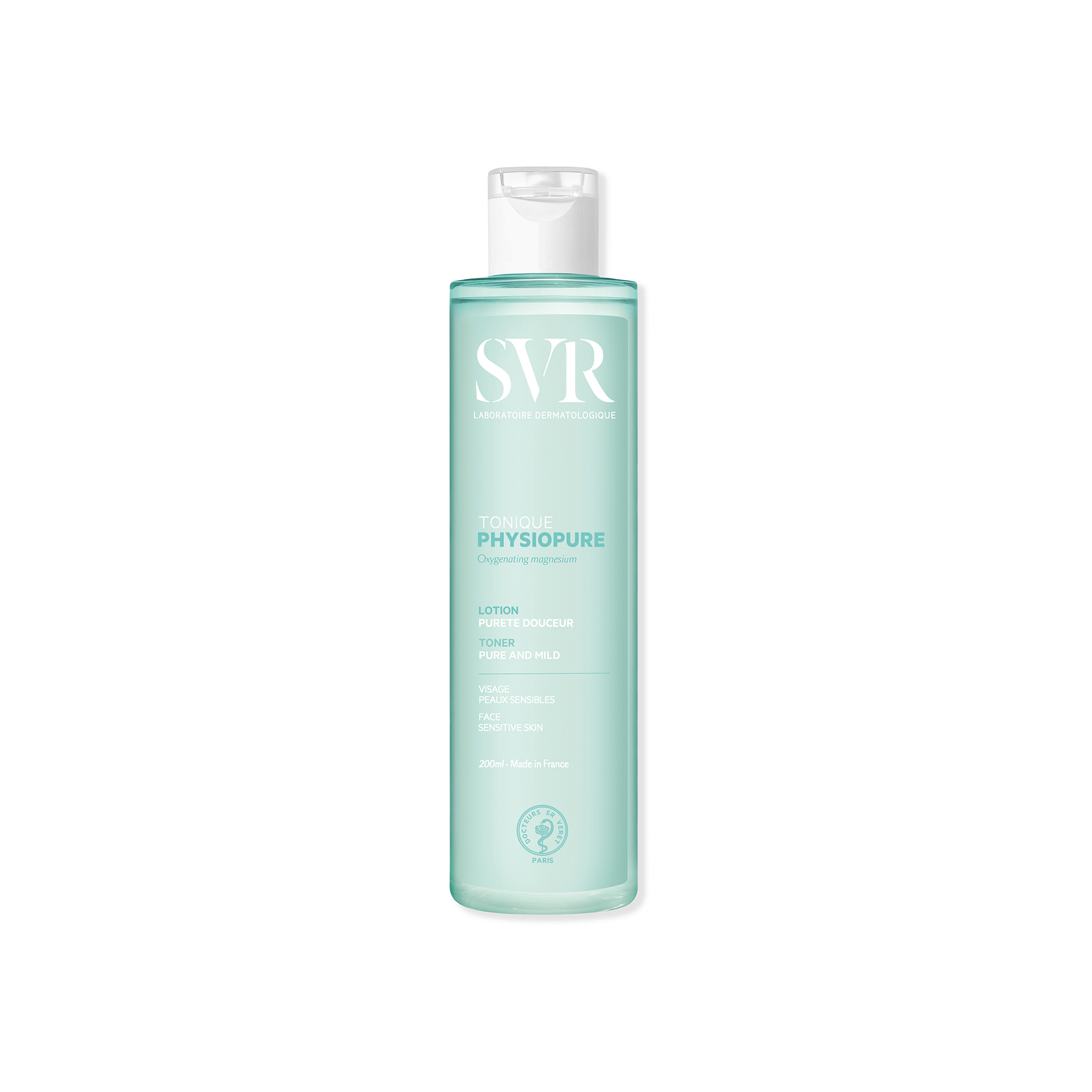 Flacone da 200ml di SVR PHYSIOPURE Tonique, lozione detergente viso in plastica trasparente color acquamarina con tappo bianco.