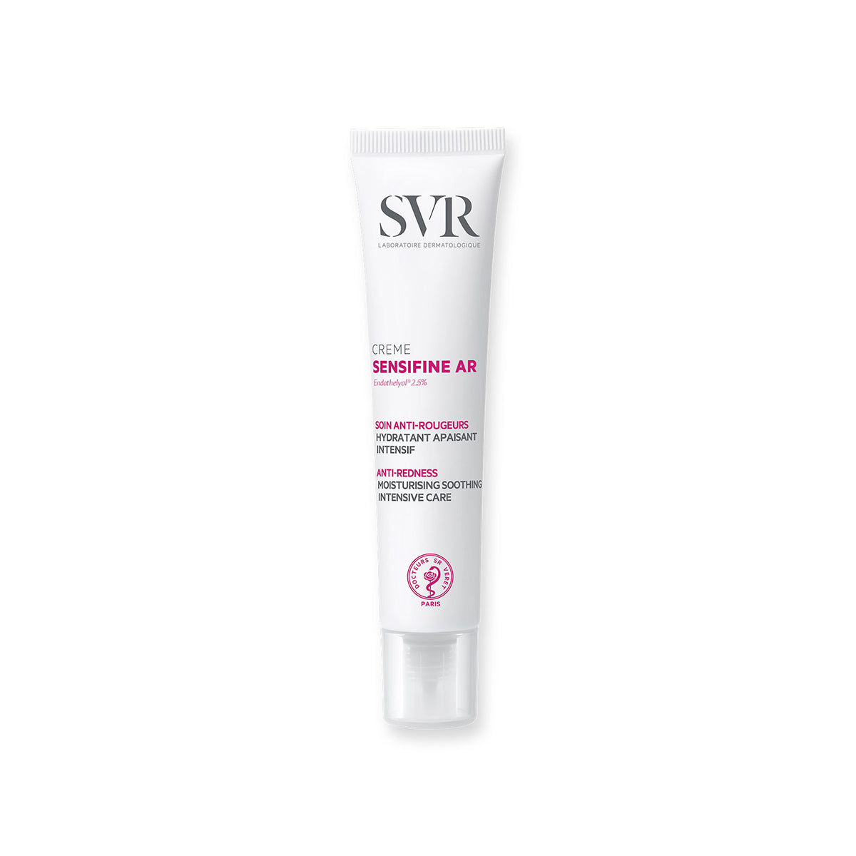 Tubo bianco di SVR Sensifine AR Crème, trattamento idratante anti-rossore con tappo trasparente su sfondo bianco.