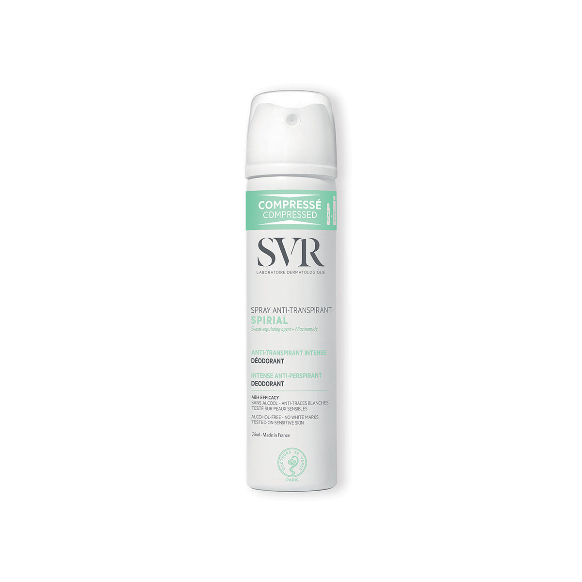 Bomboletta spray SVR Spirial da 75ml con tappo bianco, etichetta bianca e verde menta, indicata come deodorante anti-traspirante.