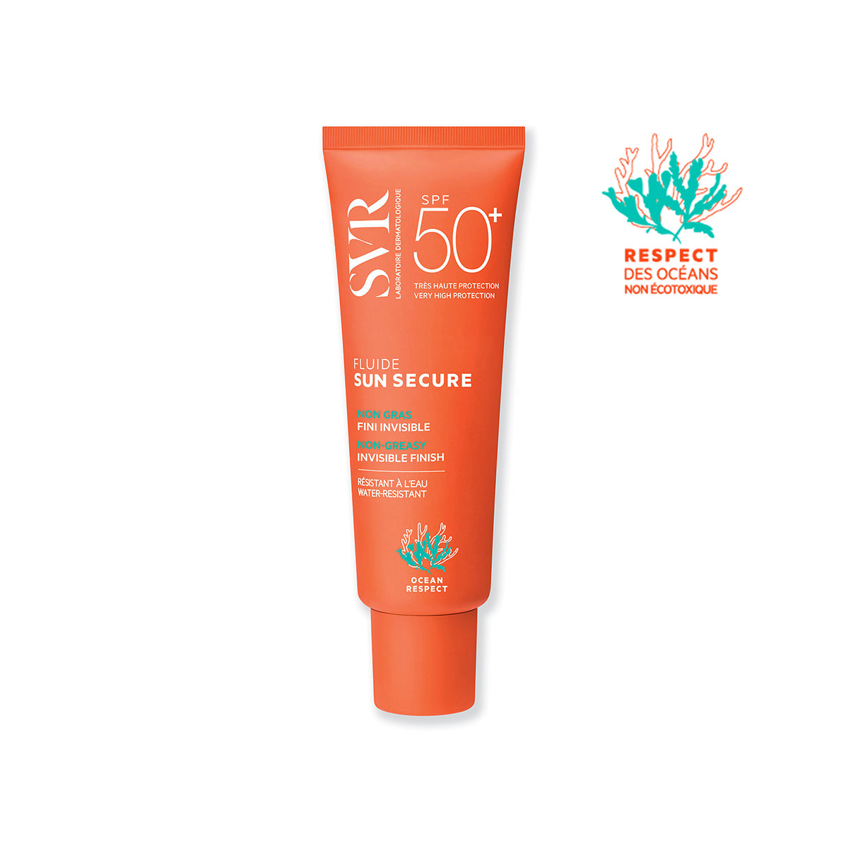 Tubo arancione di SVR Sun Secure Fluide SPF50+ con logo Ocean Respect su sfondo bianco.
