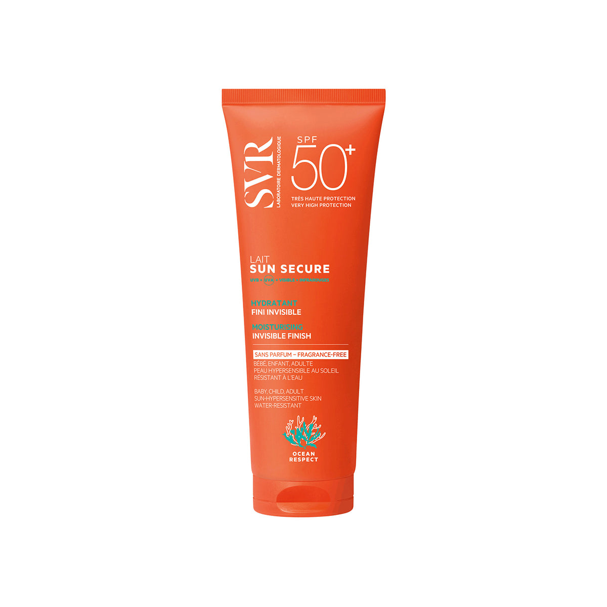 Tubo arancione di crema solare SVR Sun Secure Lait SPF50+ senza profumo per pelli sensibili, formato 250ml.