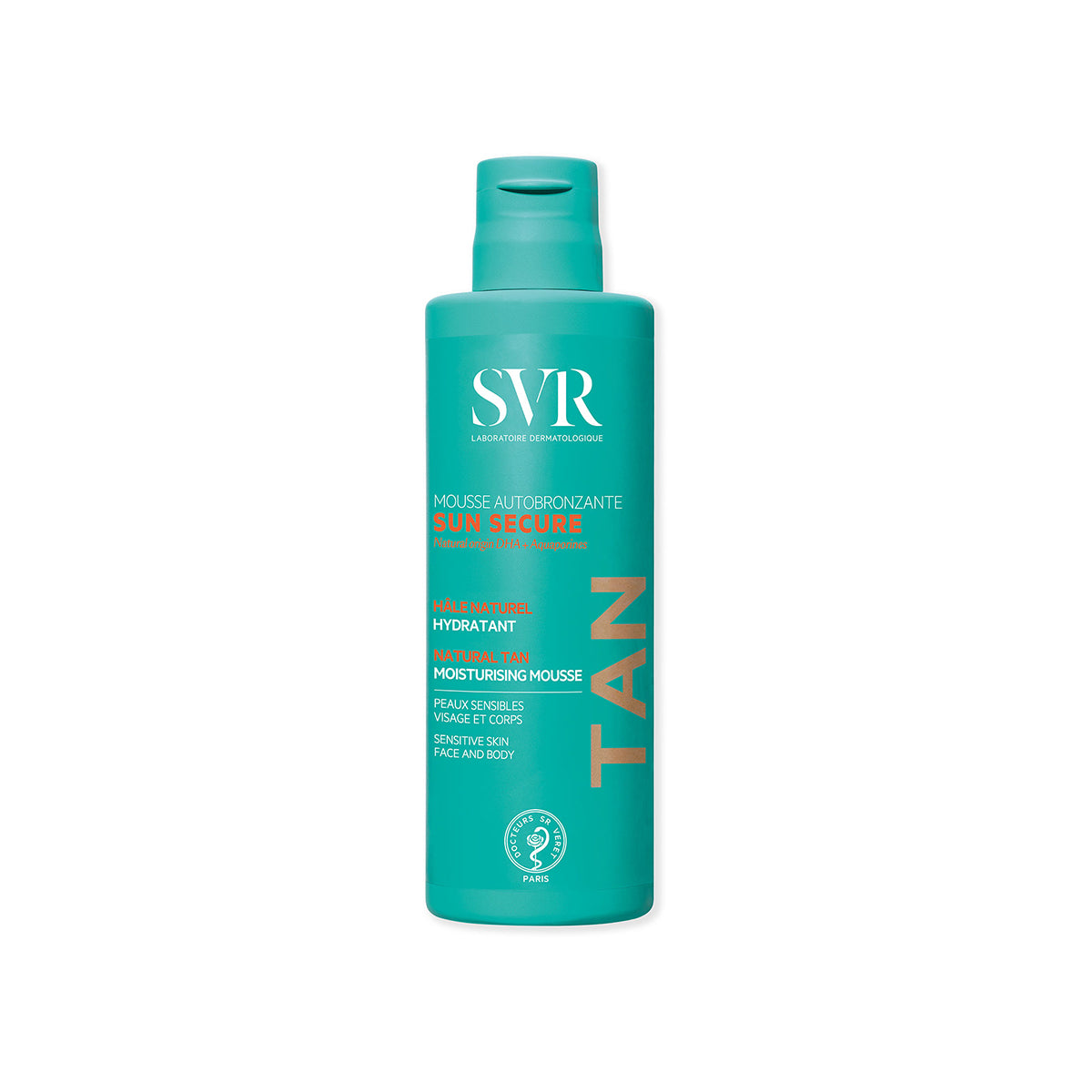 Flacone turchese di SVR Sun Secure Mousse Autobronzante con scritte bianche e arancioni su sfondo bianco.