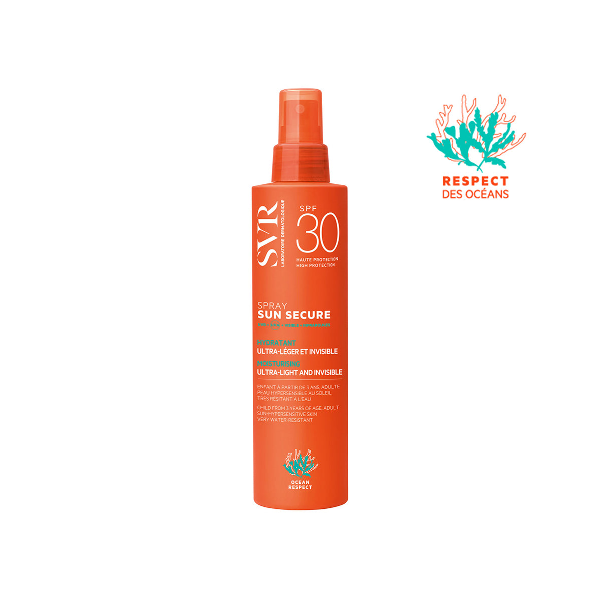 Flacone spray solare SVR Sun Secure SPF30 color arancione con tappo trasparente e logo Respect des Océans su sfondo bianco.