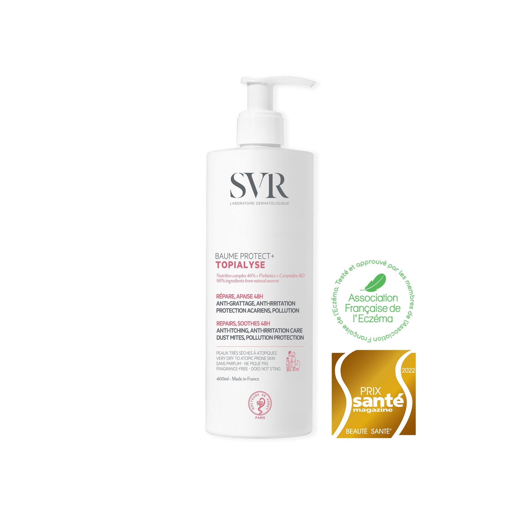 Flacone bianco con erogatore a pompa di SVR TOPIALYSE Baume Protect+ 400ml, con loghi di certificazione dermatologica.