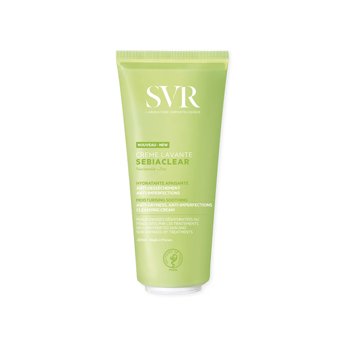 Tubo da 200ml di SVR Sebiaclear Crème Lavante, detergente viso e corpo verde chiaro per pelli sensibili e fragilizzate.