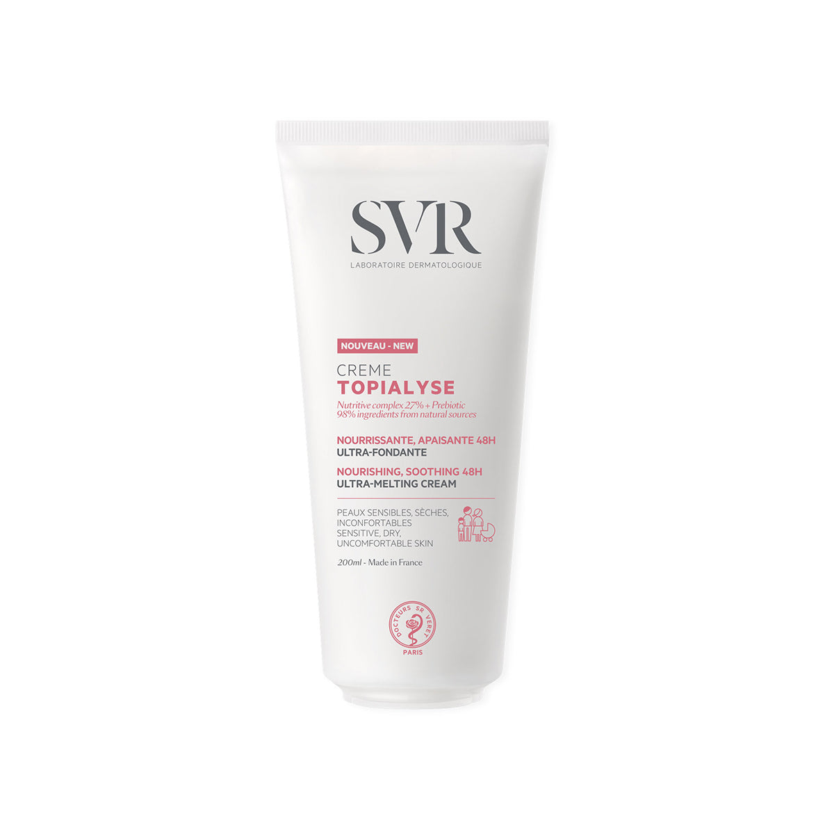 Tubo bianco da 200ml di crema idratante SVR Topialyse per pelli secche e sensibili, con etichetta informativa rosa e nera.