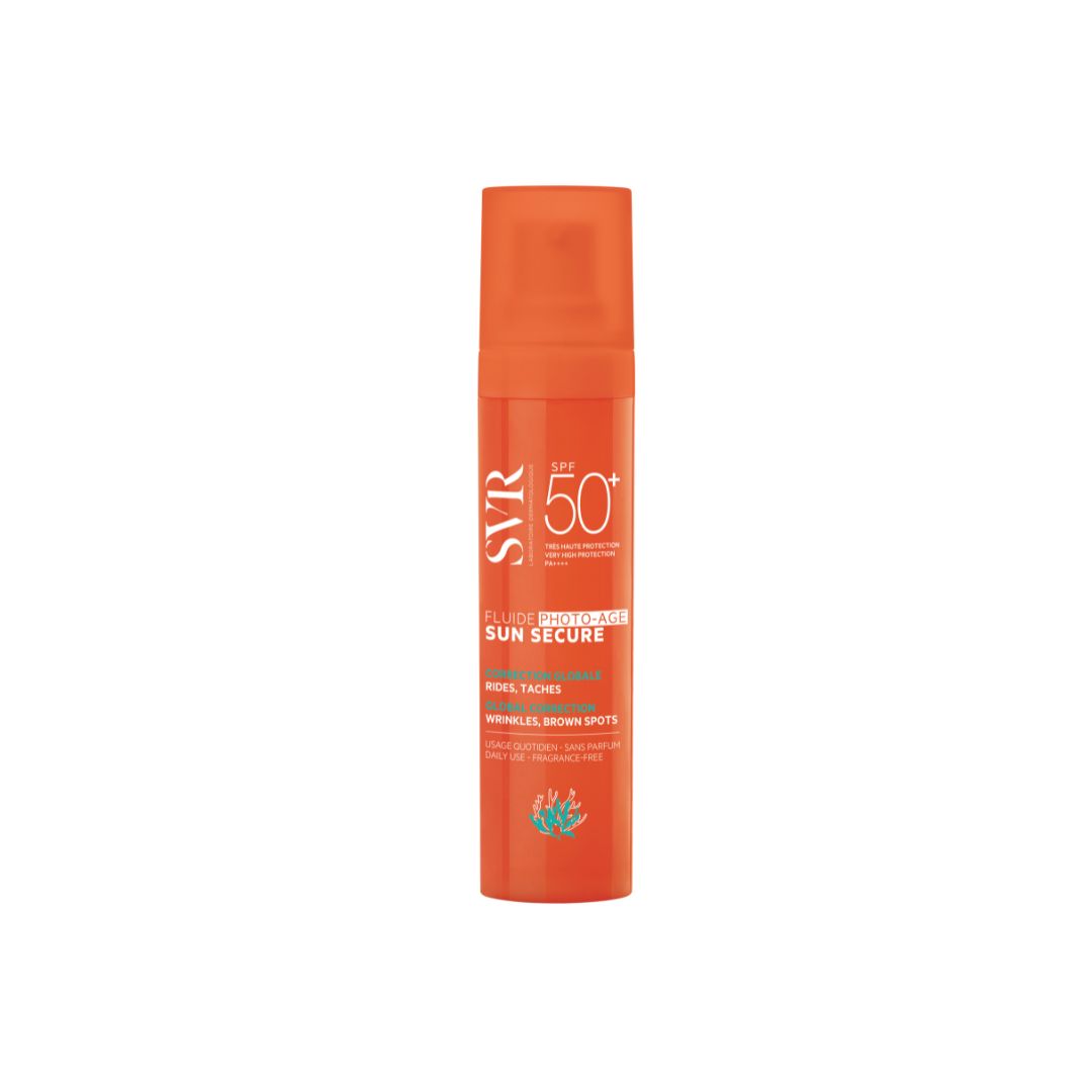 Flacone arancione di SVR Sun Secure Fluide Photo-Age SPF50+ con tappo dosatore, trattamento anti-età per viso.