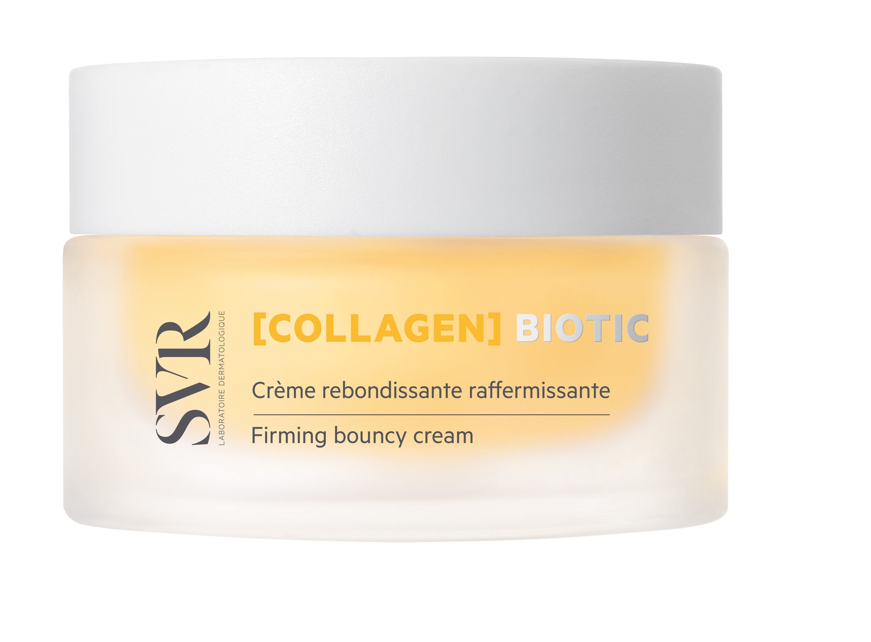 Vasetto di crema viso SVR [COLLAGEN] BIOTIC in vetro satinato con tappo bianco e formula color ambra.