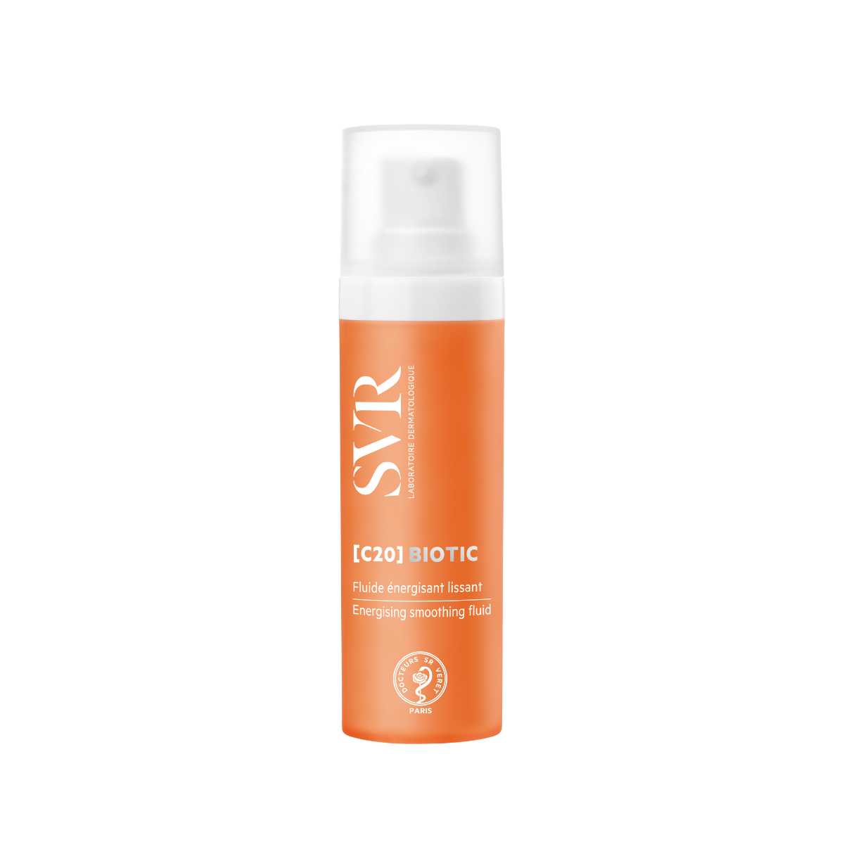 SVR [C20] Biotic energizing smoothing fluid in an orange pump bottle with a translucent cap.