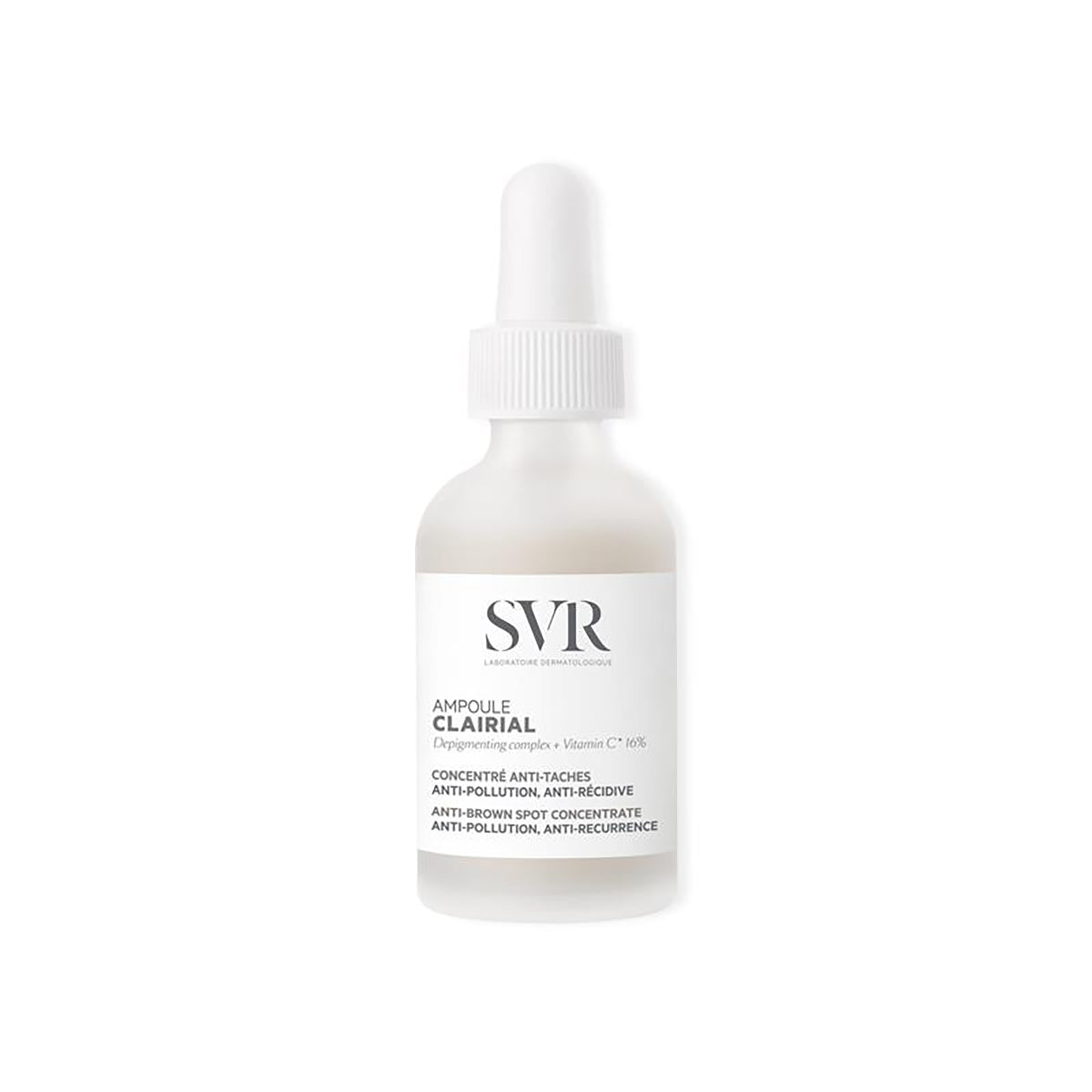 Flacone in vetro satinato di SVR Clairial Ampoule con contagocce bianco su sfondo bianco.