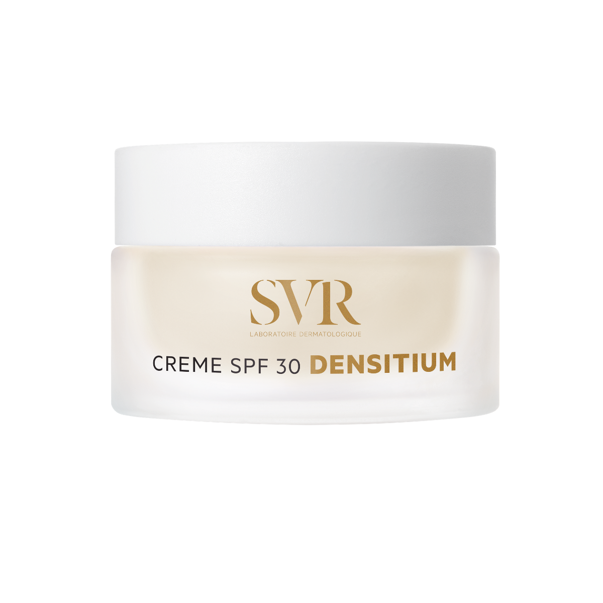 SVR Densitium Crème SPF 30 in a frosted glass jar with a white screw-top lid and elegant gold lettering.