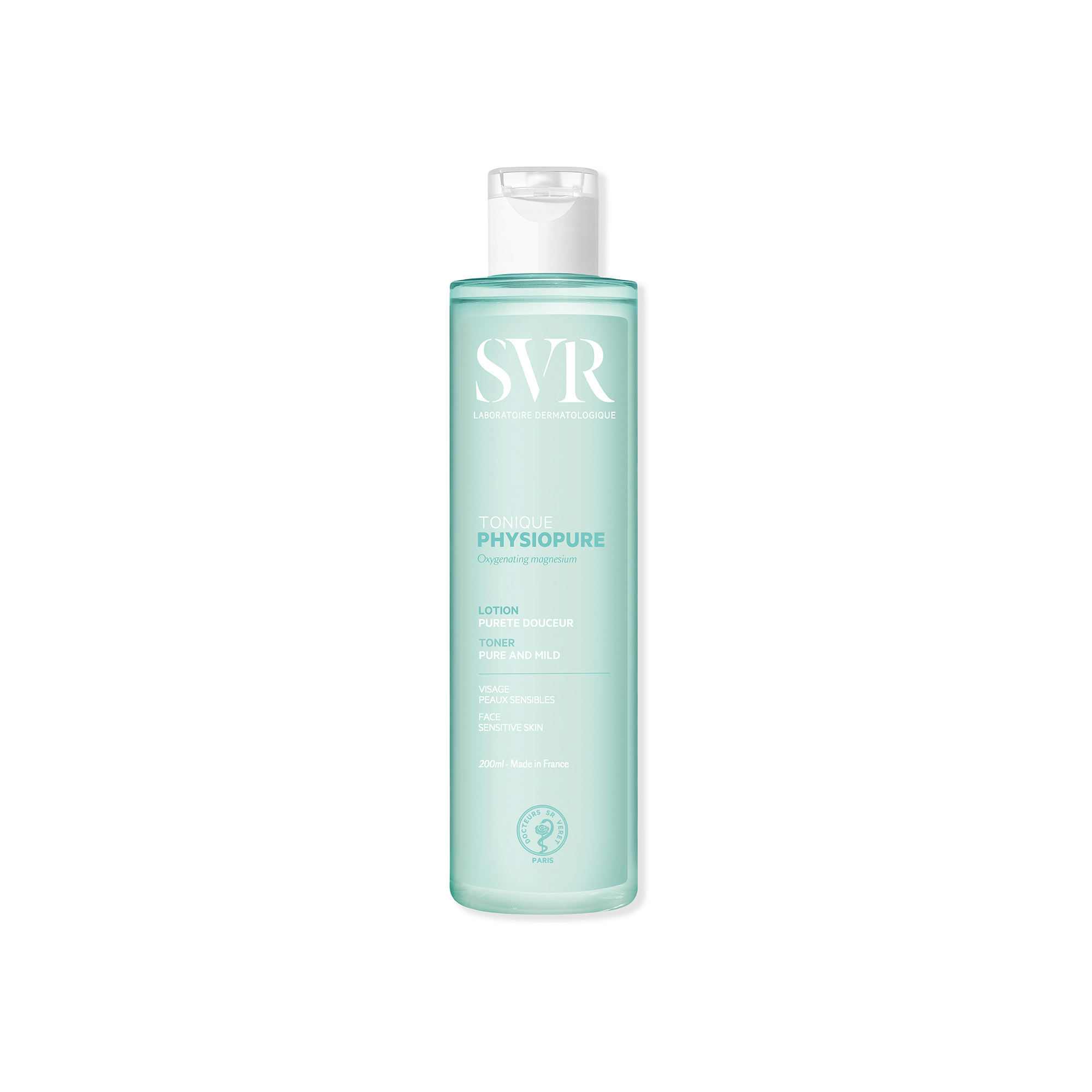 Flacone da 200ml di SVR PHYSIOPURE Tonique, lozione detergente viso in plastica trasparente color acquamarina con tappo bianco.