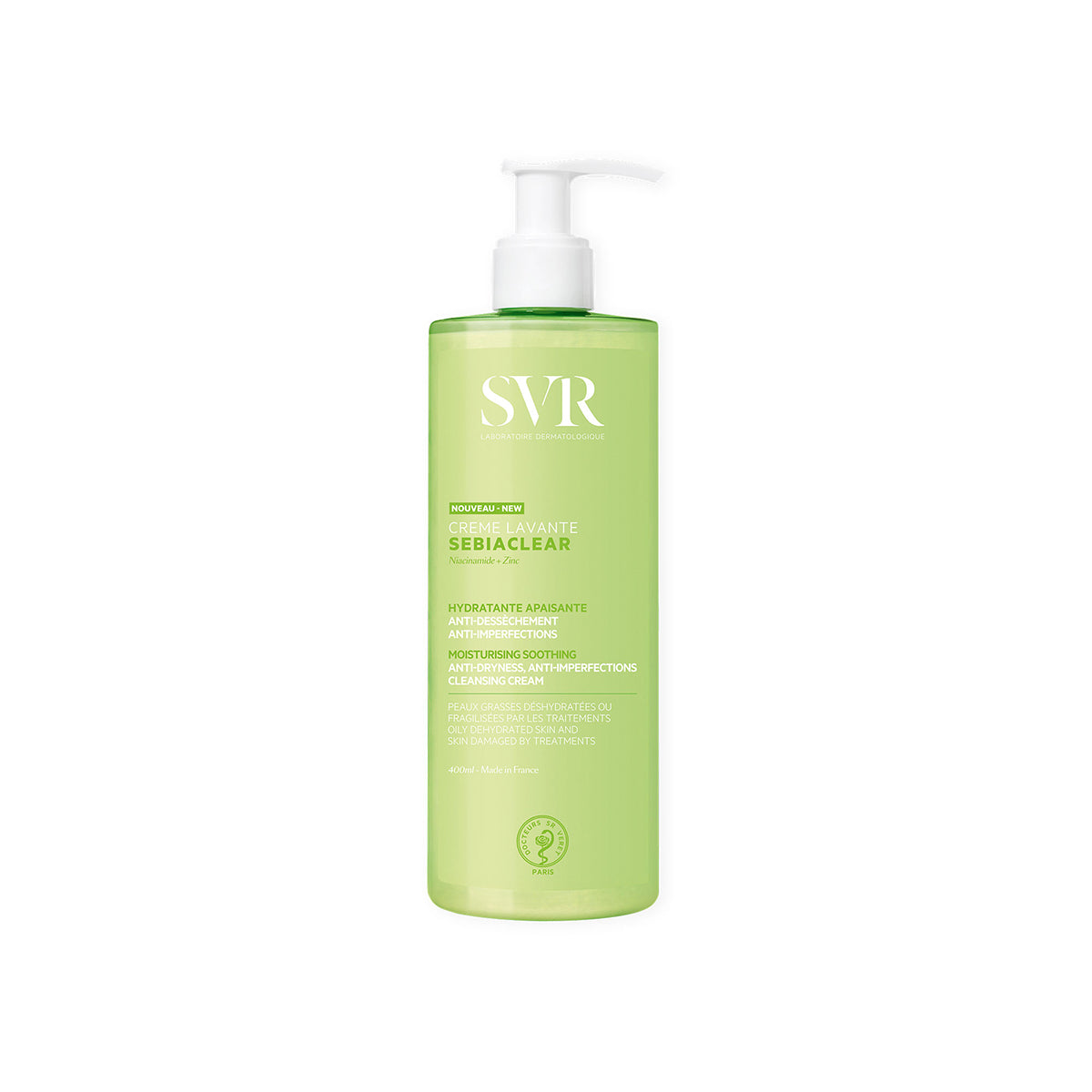 Flacone da 400ml di SVR Sebiaclear Crème Lavante, detergente viso e corpo in gel verde trasparente con erogatore a pompa bianco.