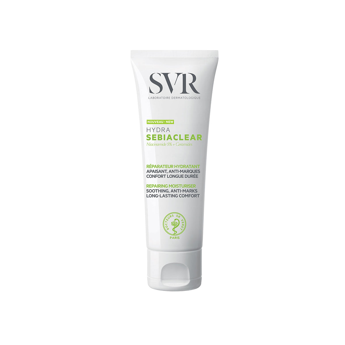 Tubo bianco di crema idratante SVR Sebiaclear Hydra con scritte verdi e nere su sfondo neutro.