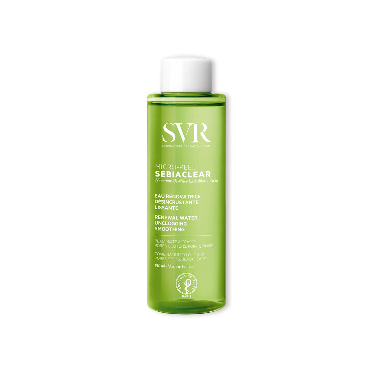 Flacone trasparente di SVR Sebiaclear Micro-Peel da 150ml con liquido verde, tappo bianco e scritte informative in bianco.