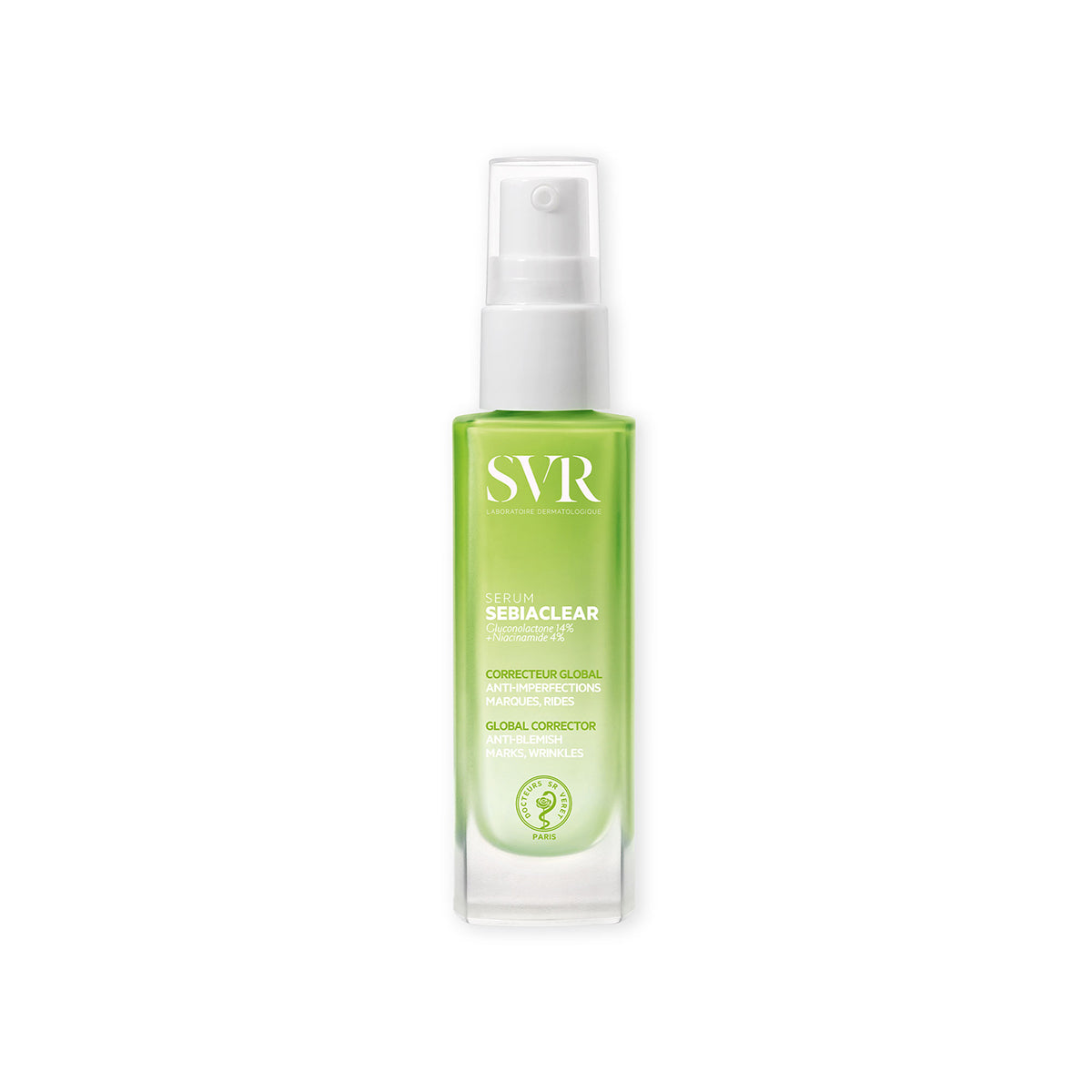Flacone di SVR Sebiaclear Sérum in vetro sfumato verde con erogatore a pompetta bianco per pelli a tendenza acneica.