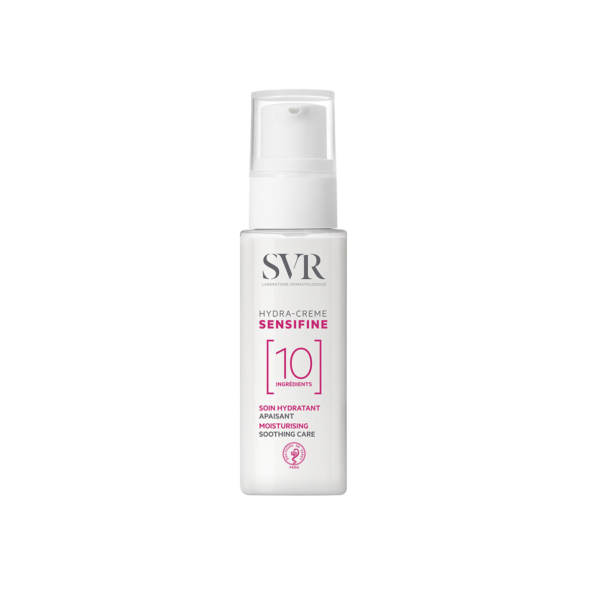 Flacone bianco con erogatore a pompa di SVR Sensifine Hydra-Crème, trattamento idratante minimalista da 40ml.