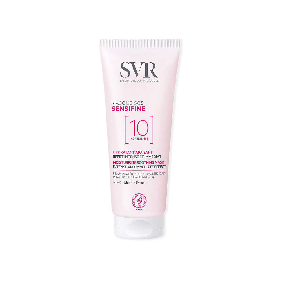 Tubo da 75ml di maschera viso SVR Sensifine SOS rosa, formula lenitiva con 10 ingredienti per pelli sensibili e reattive.