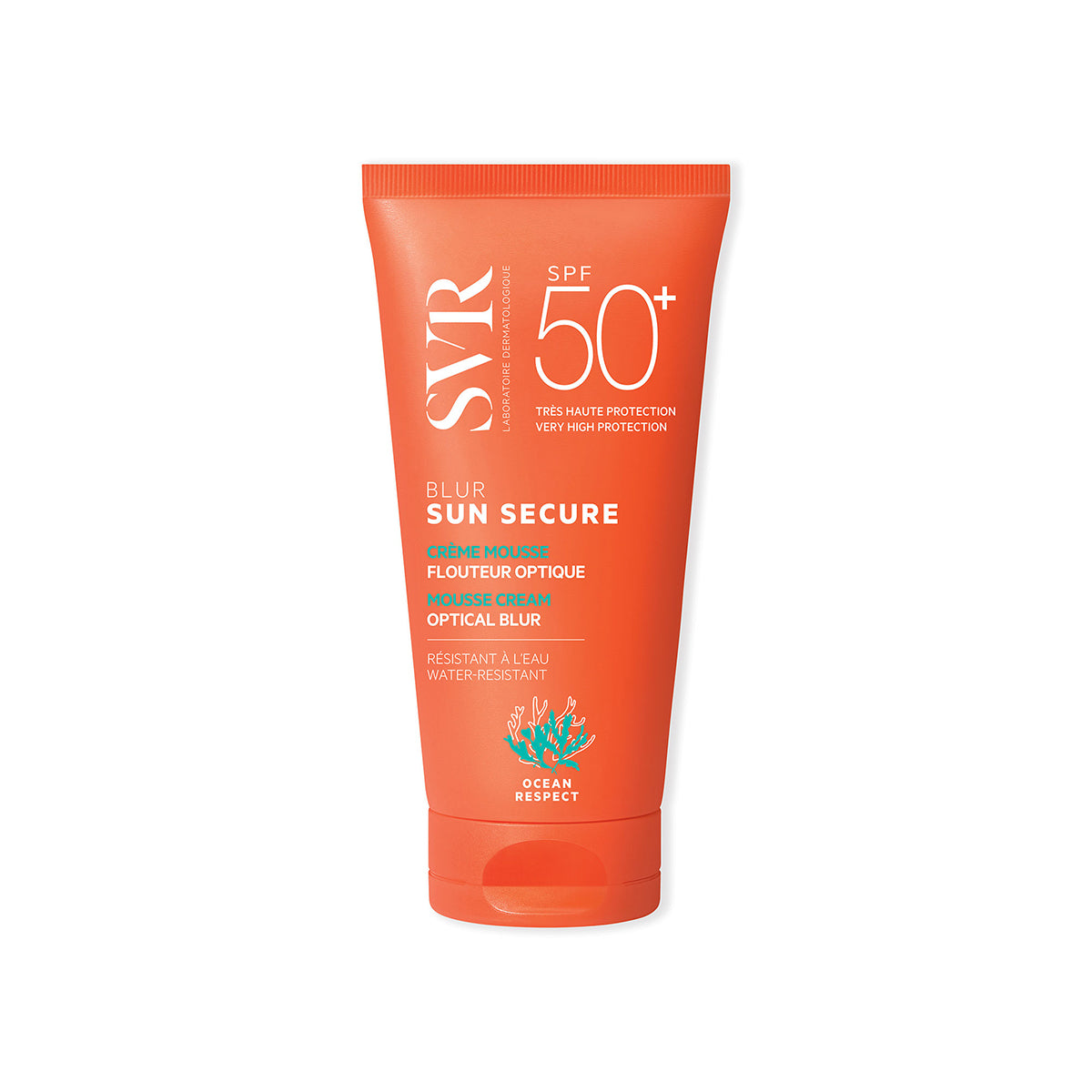 Tubo arancione di SVR Sun Secure Blur SPF50+ con texture in mousse, protezione solare viso resistente all'acqua.