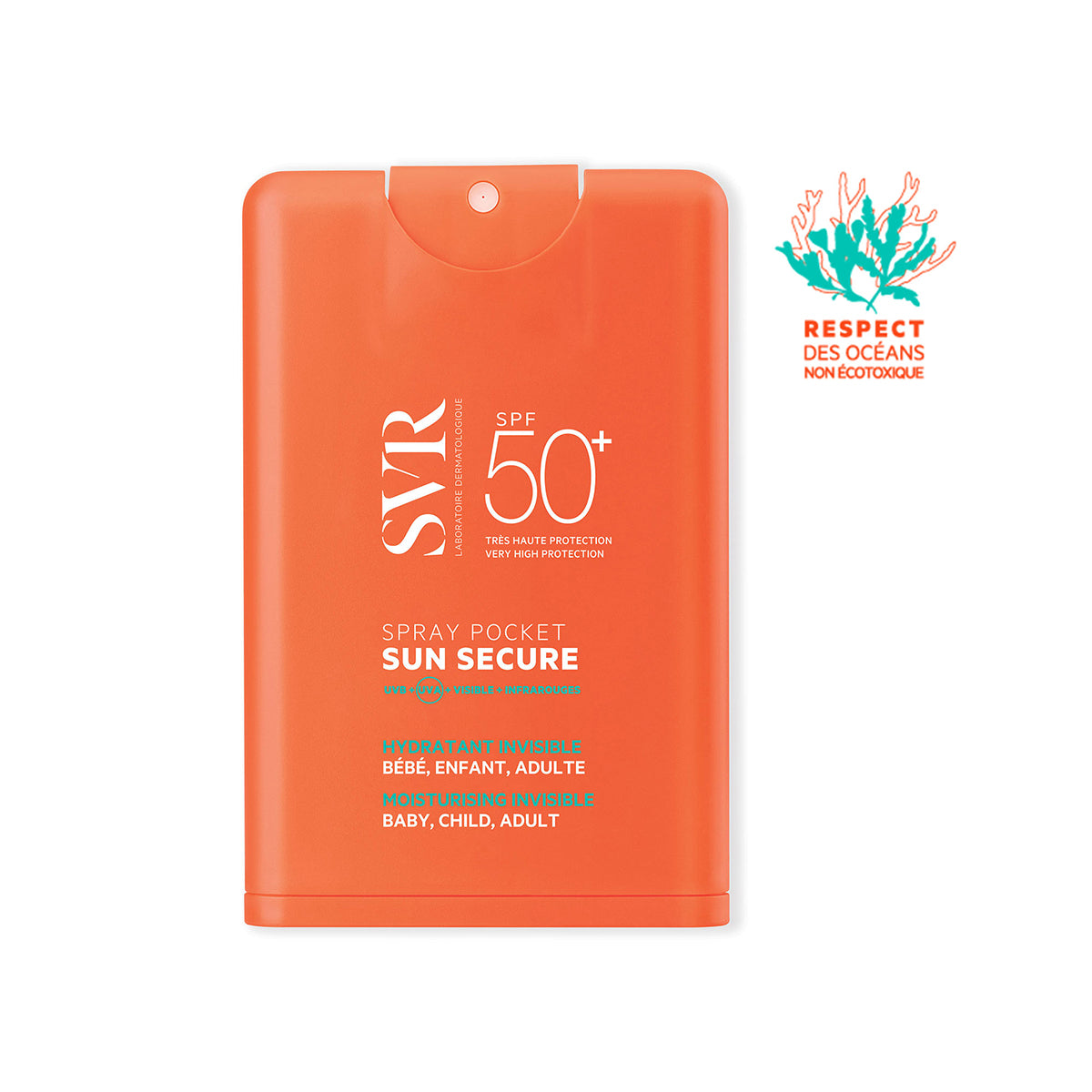 Flacone spray tascabile arancione SVR Sun Secure SPF50+ con logo Respect des Océans su sfondo bianco.