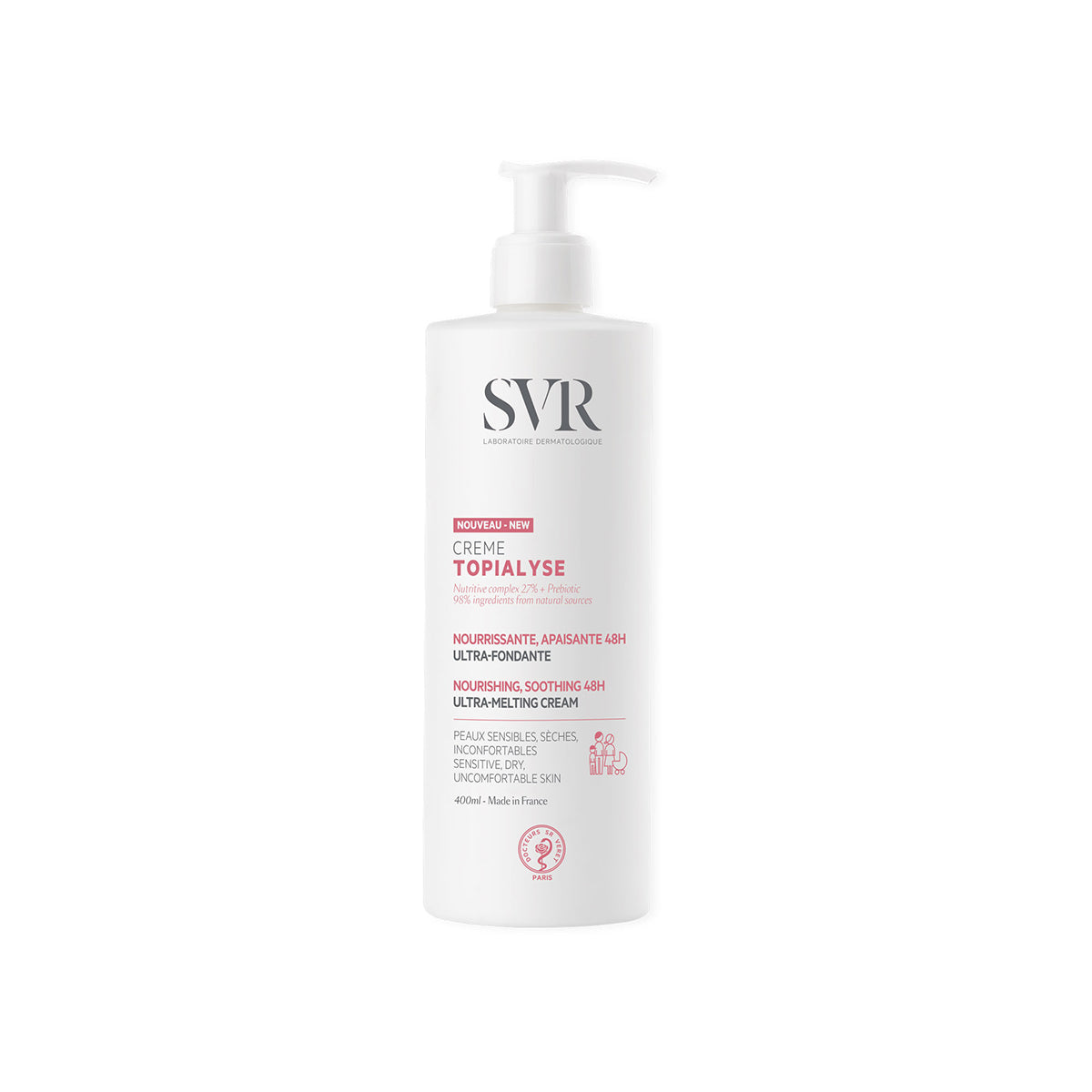 Flacone bianco da 400ml di SVR Topialyse Crème con erogatore a pompa, crema nutriente per pelli secche e sensibili.
