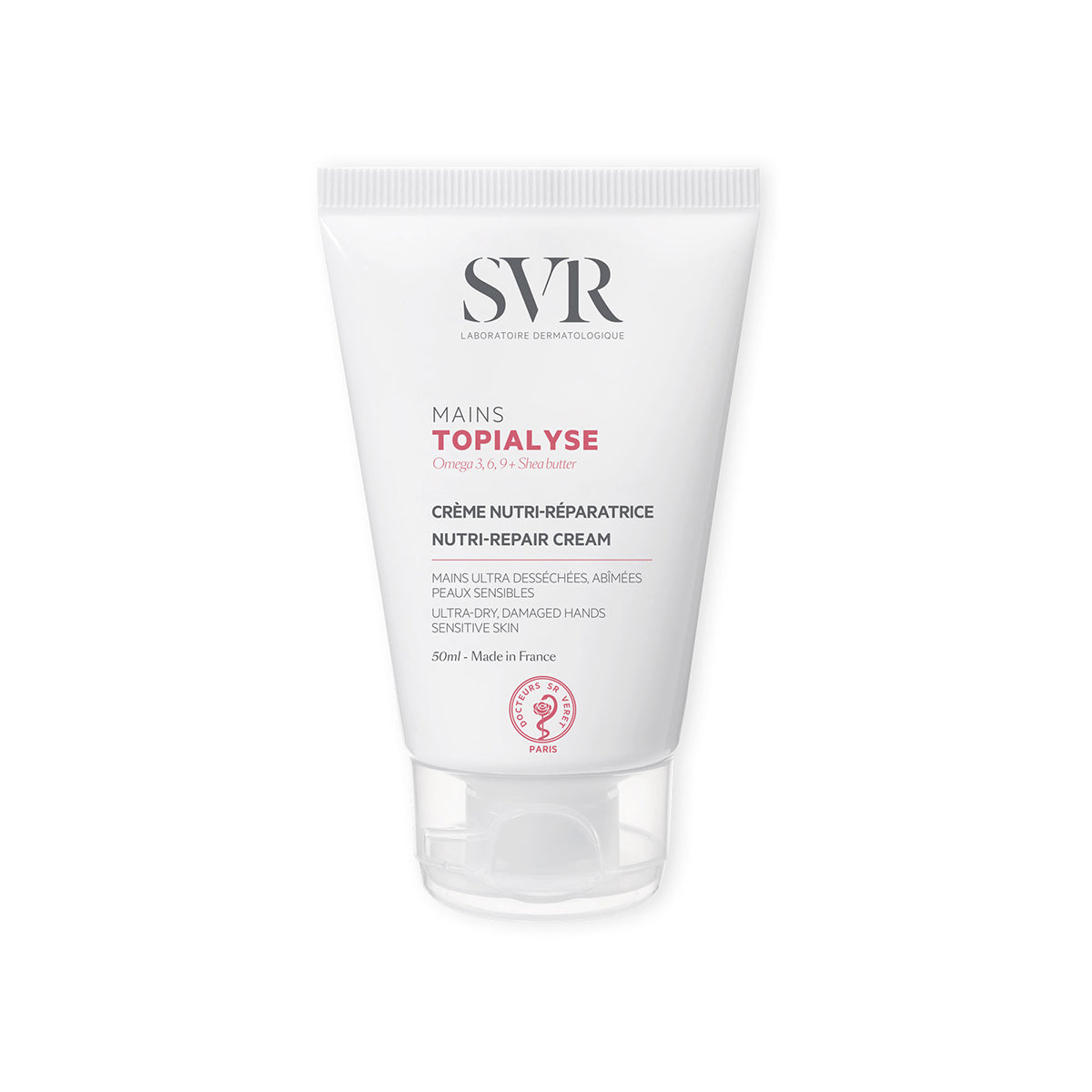 Tubo bianco da 50ml di crema mani SVR Topialyse nutri-riparatrice con tappo trasparente su sfondo bianco.