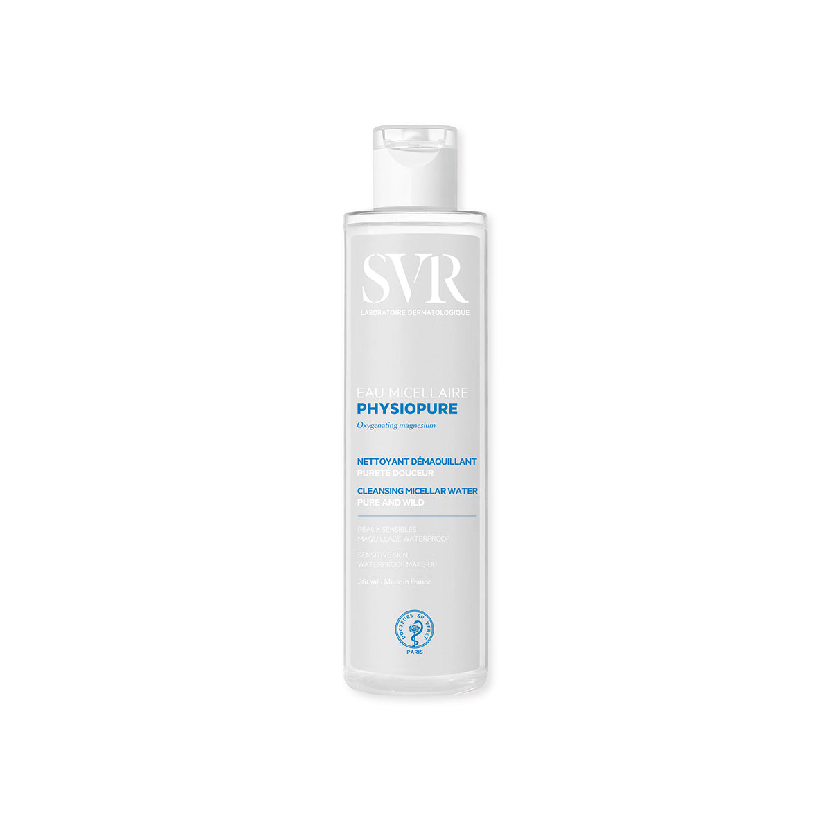 Flacone trasparente da 200ml di acqua micellare SVR PHYSIOPURE con tappo a scatto bianco su sfondo neutro.