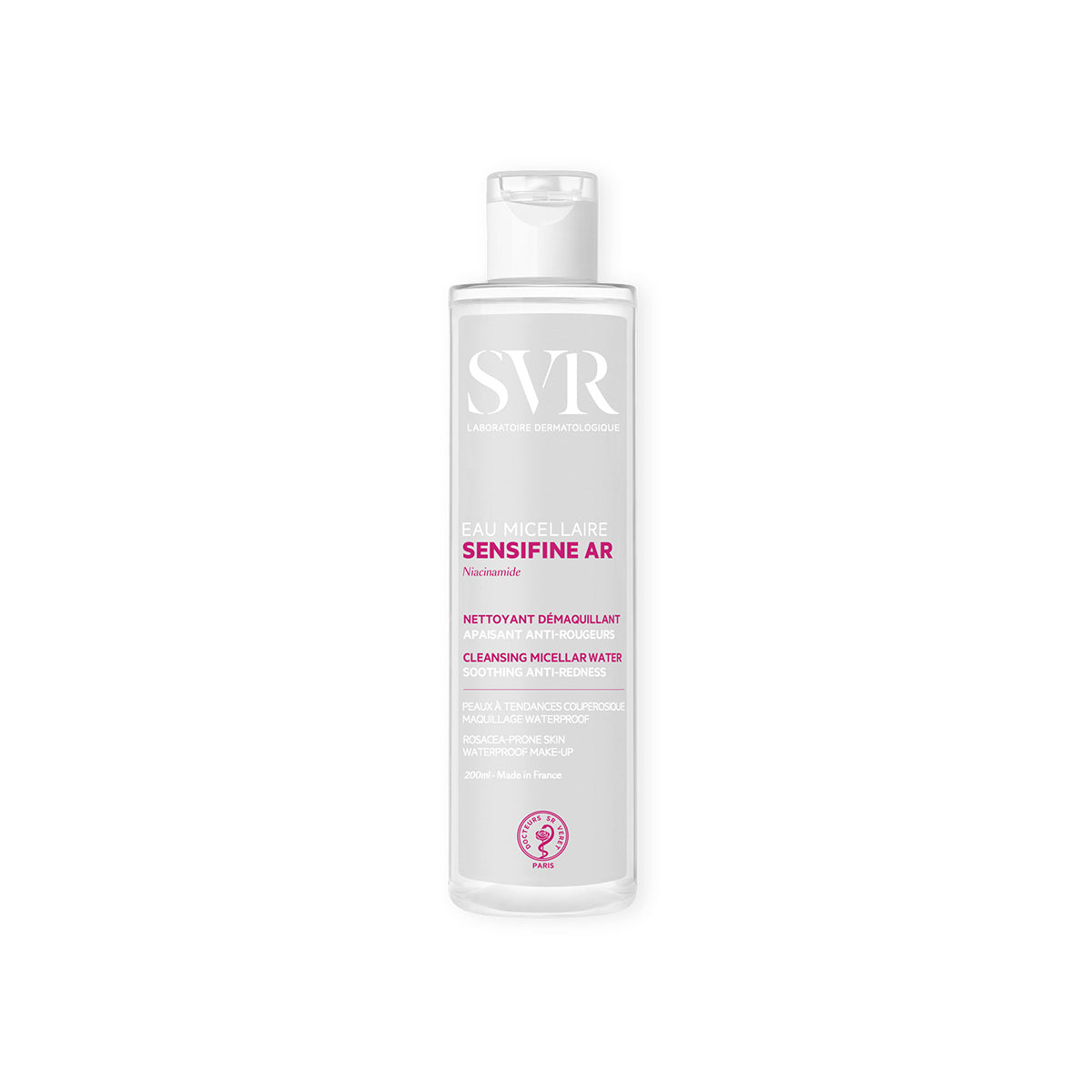 Flacone trasparente da 200ml di acqua micellare SVR Sensifine AR con tappo a scatto bianco su sfondo bianco.