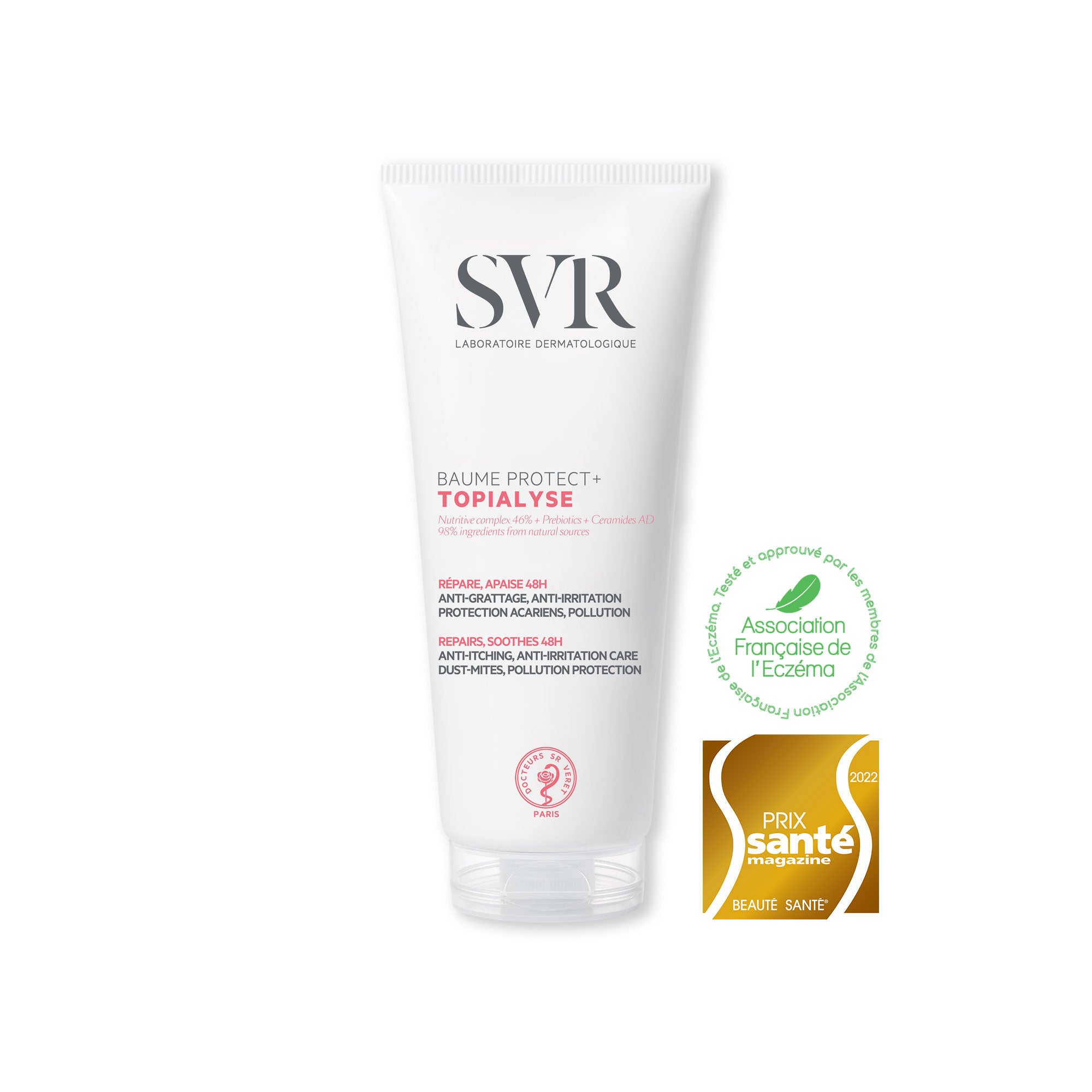 Tubo bianco di balsamo SVR Topialyse Baume Protect+ con tappo trasparente e sigilli di approvazione dermatologica.