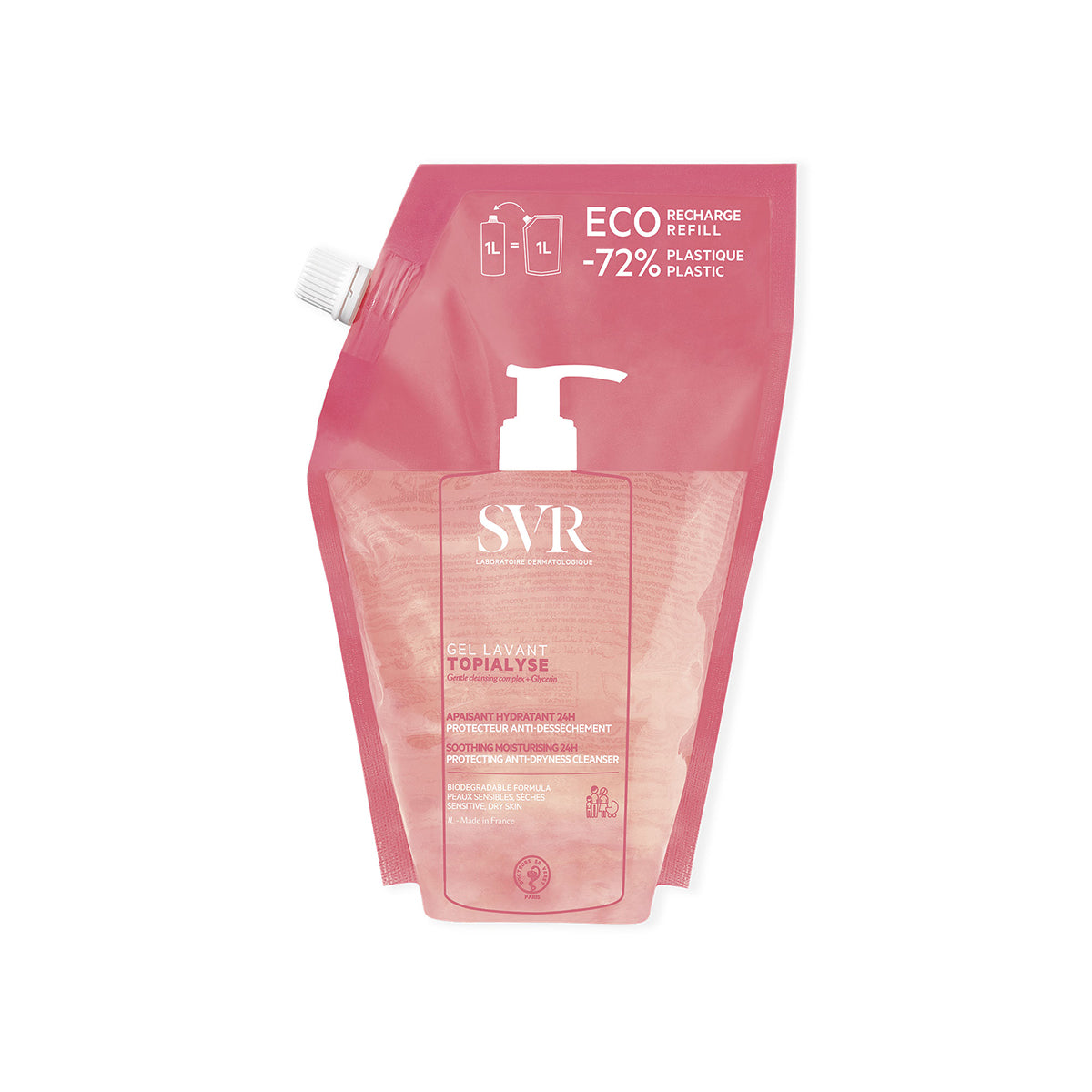 Eco-ricarica da 1L SVR Topialyse Gel Lavant, detergente delicato rosa per pelli secche e sensibili con tappo a vite.