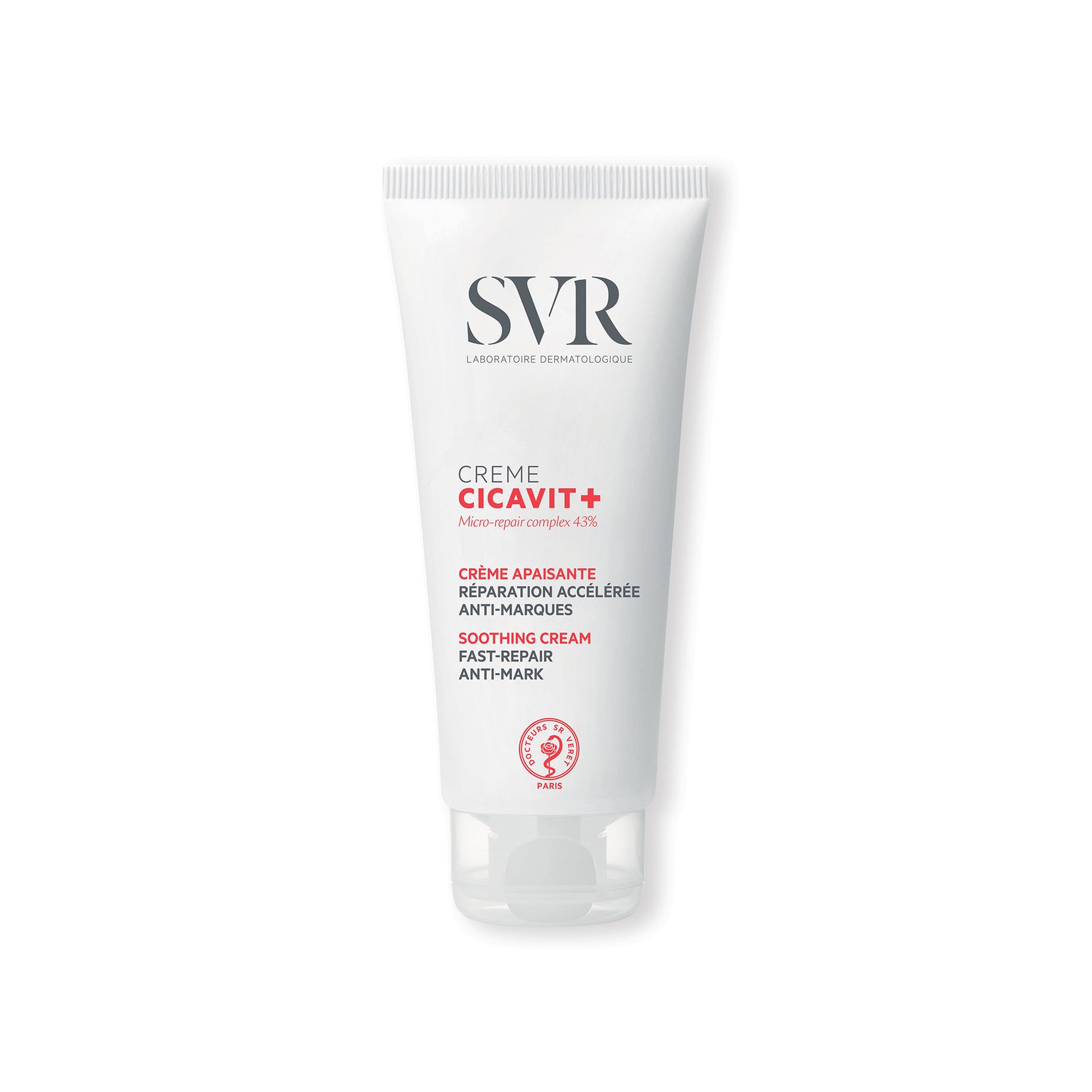SVR CICAVIT+ soothing repair cream in a white 2ml squeeze tube with red and black text on a white background.