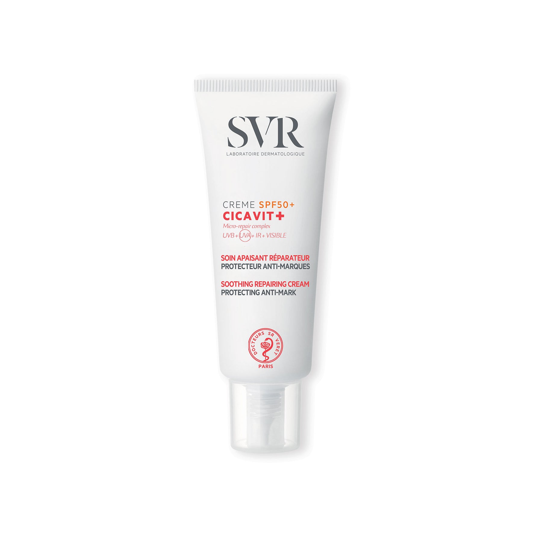White 2ml tube of SVR CICAVIT+ SPF50+ soothing repairing cream with red and black text on a clean white background.