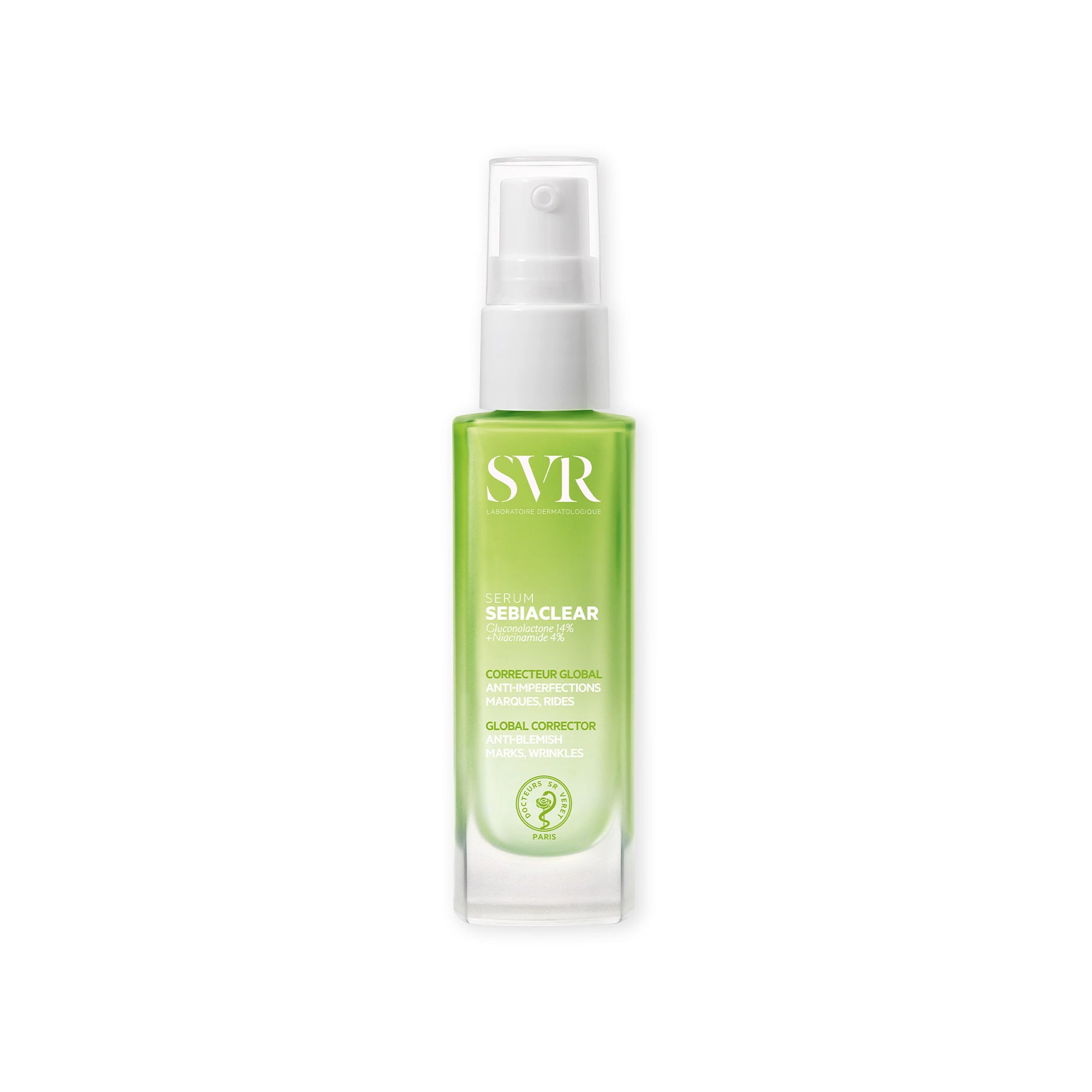 SVR Sebiaclear anti-blemish serum in a green glass bottle with a white pump dispenser against a white background.