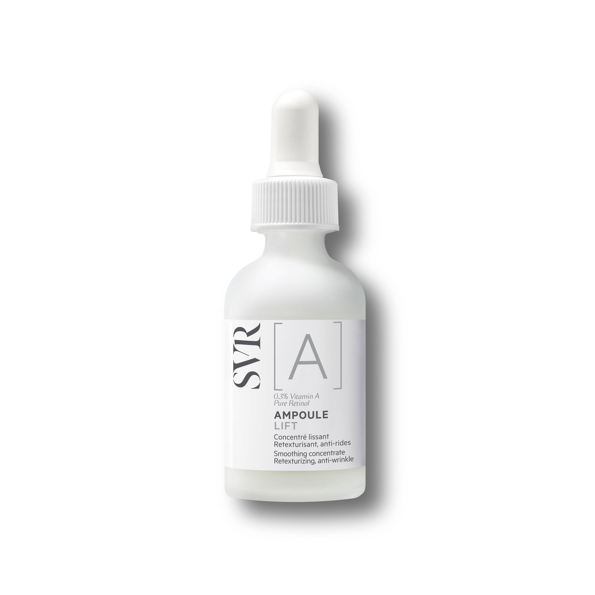 SVR Ampoule Lift 2ml serum in a frosted glass dropper bottle with a white cap and minimalist black and white label.