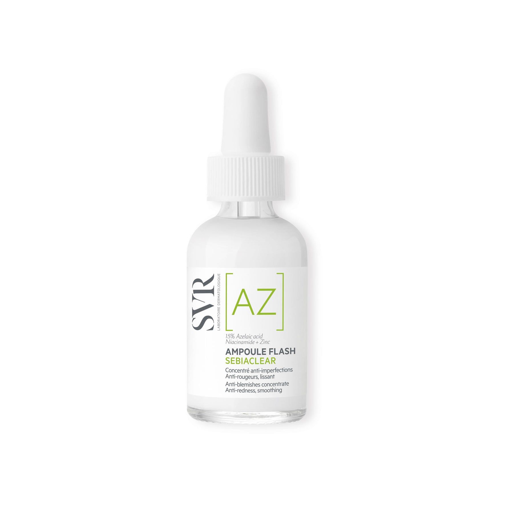 SVR Sebiaclear Ampoule Flash 2ml glass dropper bottle with white cap and minimalist label featuring green text.